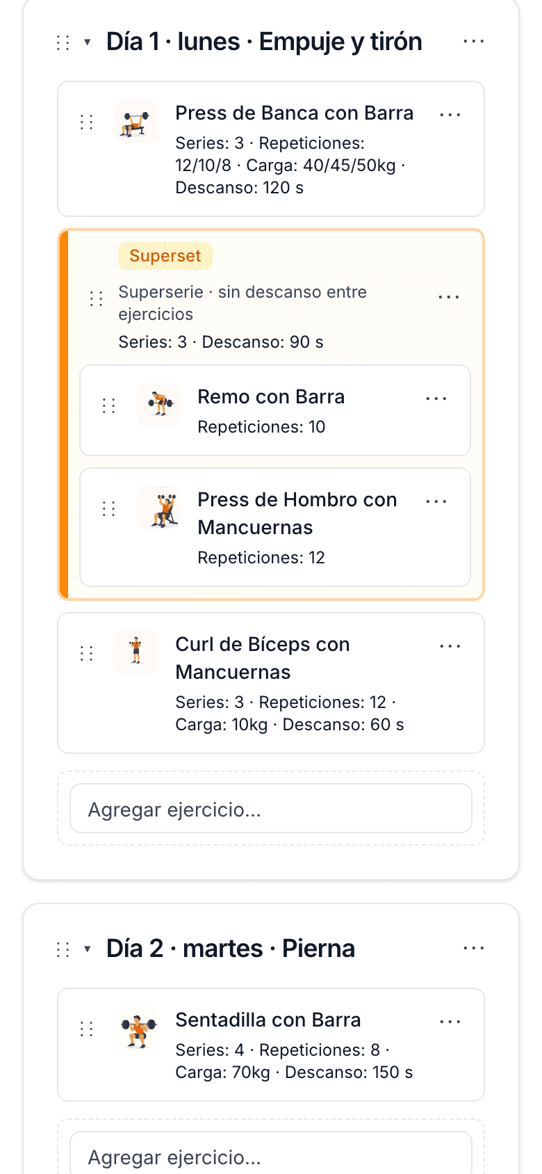 Constructor de planes de mi PT en el teléfono: el día 1 con press de banca en pirámide de 12, 10 y 8 repeticiones con 40, 45 y 50 kg, una superserie de remo y press de hombro, y curl de bíceps.
