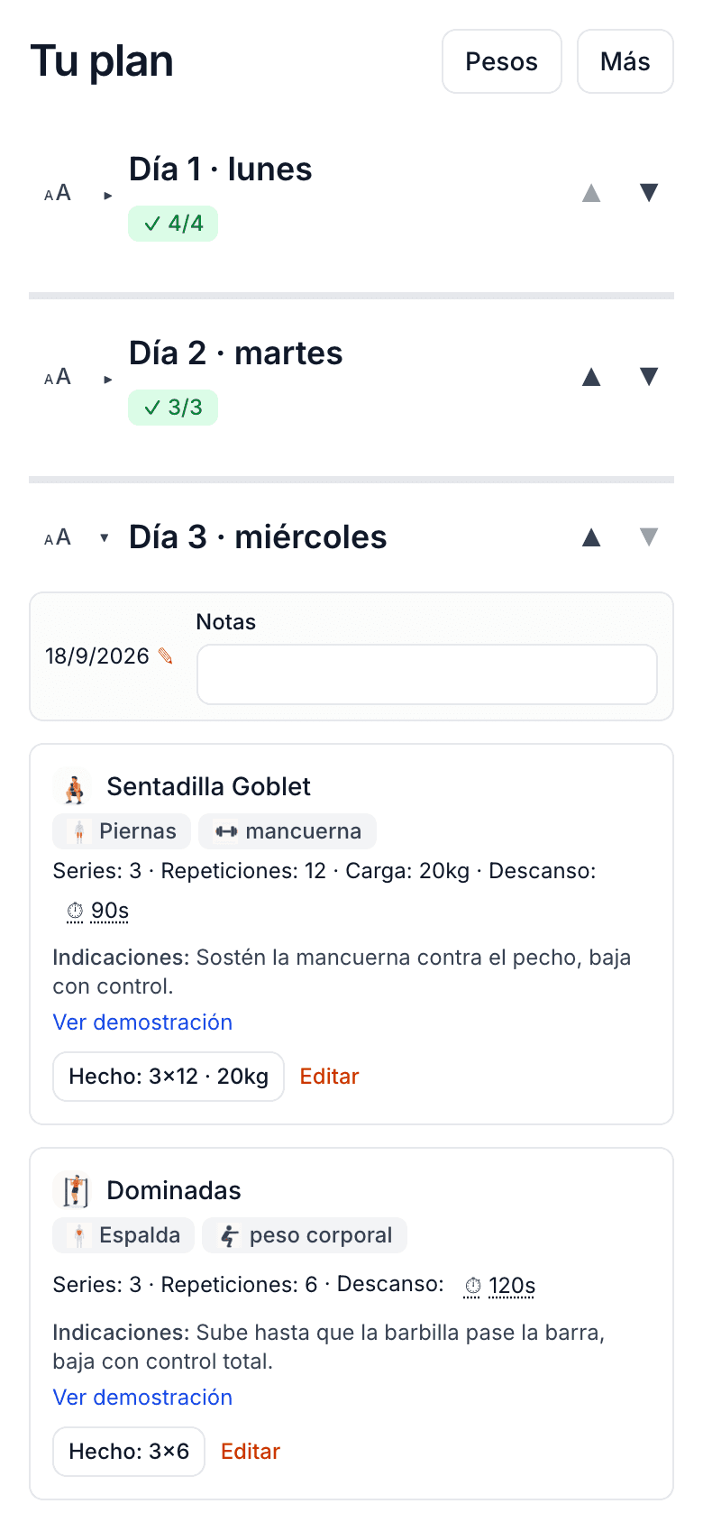 Pantalla «Tu plan» de mi PT en el teléfono de un cliente: los días de la semana y, por ejercicio, series, repeticiones, carga y descanso.