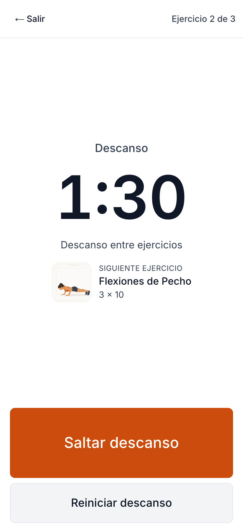 Sesión guiada de mi PT en el teléfono: el temporizador de descanso entre ejercicios y el siguiente ejercicio, con su ilustración, series y repeticiones.