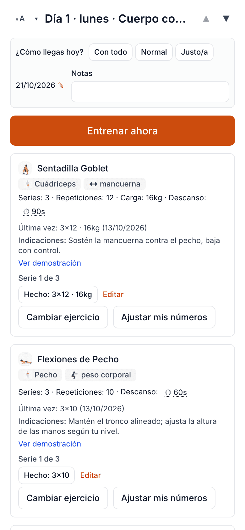 Plan de mi PT en el teléfono: el día 1 con sentadilla goblet y flexiones de pecho, cada una con su ilustración, series, repeticiones, carga, descanso e indicaciones.